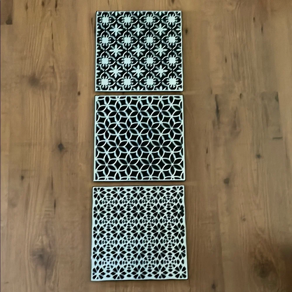 Set of Three Black and Silver Decorative Wall Tiles - Picture 1 of 6